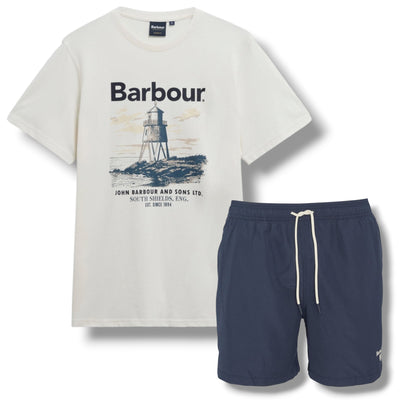 BARBOUR LIGHTHOUSE LOGO T-SHIRT &  SWIM SHORTS WHITE & NAVY BLUE