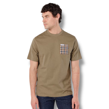 AQUASCUTUM  PATCH POCKET T-SHIRT & CHECK SWIM SHORTS SET KHAKI GREEN - BEIGE