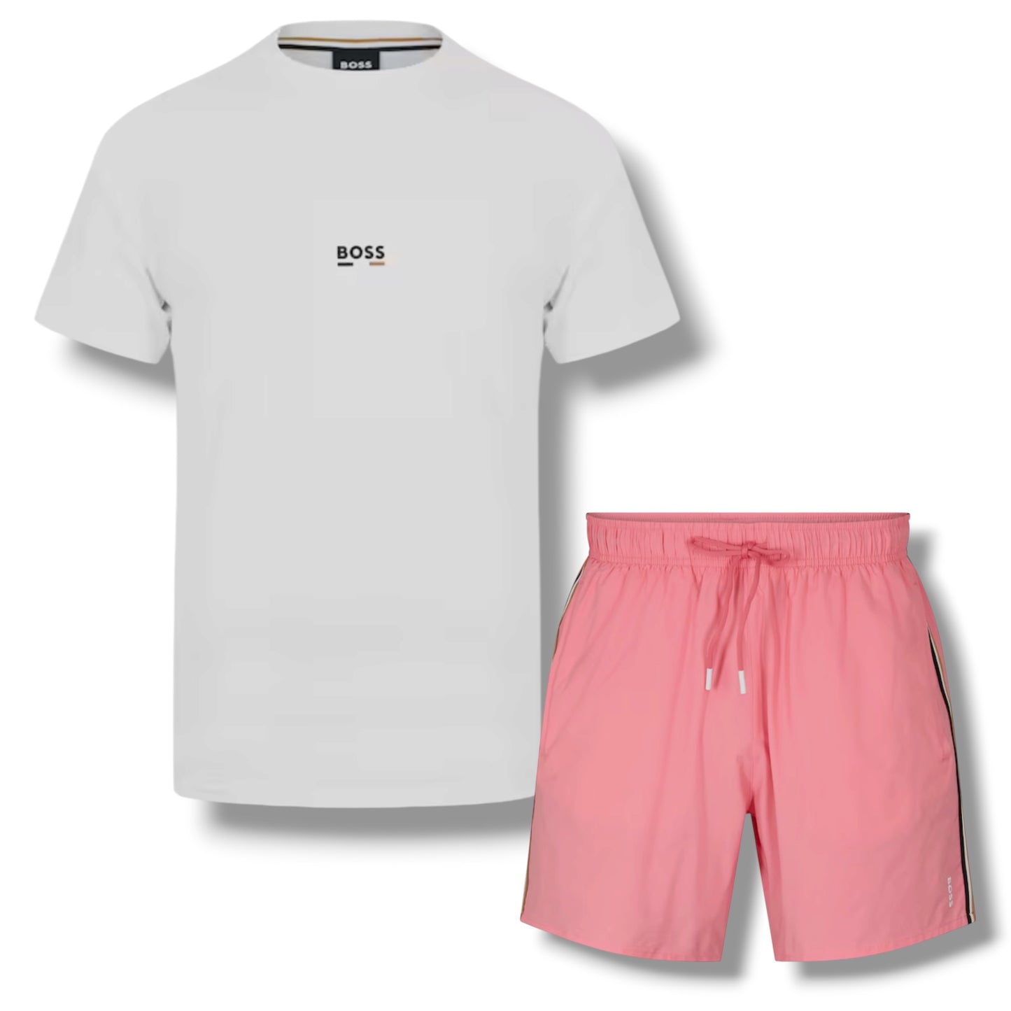 HUGO BOSS ICONIC T-SHIRT & SWIM SHORTS SET WHITE & PINK