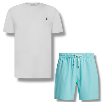 RALPH LAUREN T-SHIRT & SWIM SHORTS SET WHITE & AQUA