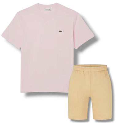LACOSTE SMALL LOGO T-SHIRT & JERSEY SHORTS SET PINK & BEIGE