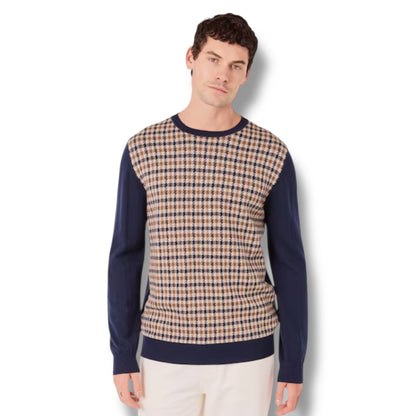 AQUASCUTUM CHECK THIN KNIT SWEATER BEIGE - NAVY BLUE