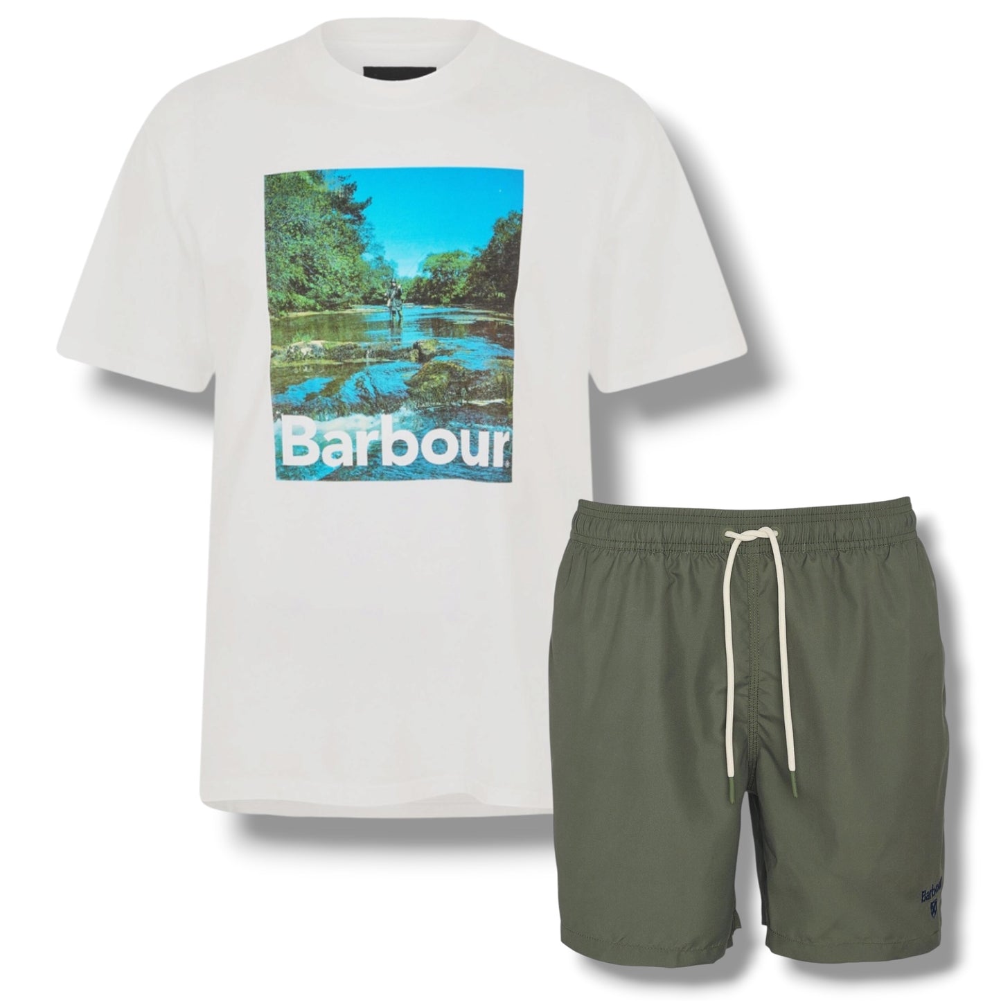 BARBOUR LAKE T-SHIRT & SWIM SHORTS WHITE & OLIVE GREEN