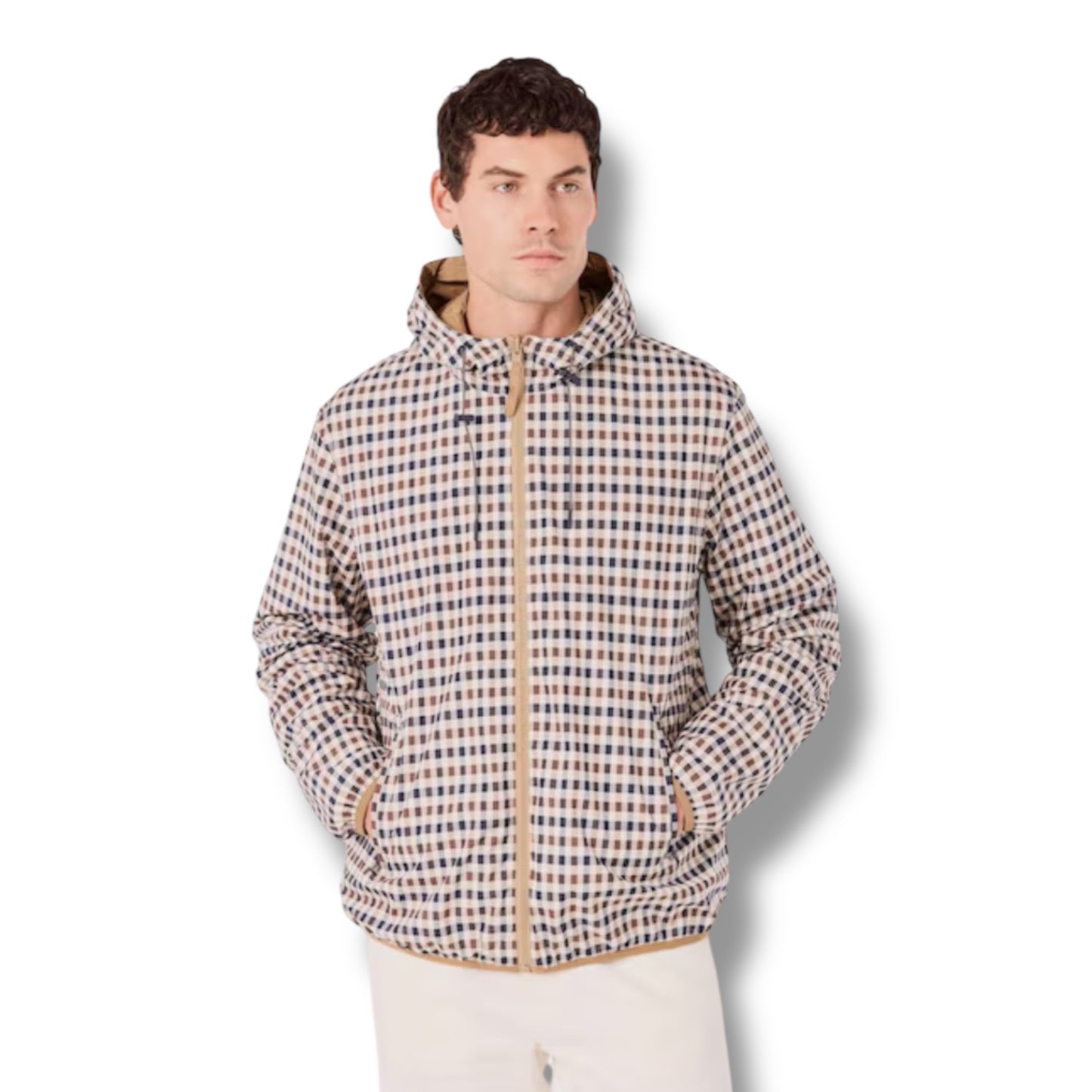 AQUASCUTUM HOODED RAIN JACKET REVERSIBLE KHAKI GREEN - CHECK