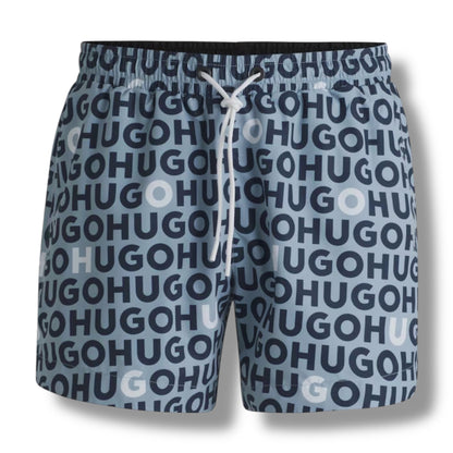 HUGO DESK LOGO T-SHIRT & ALL OVER SWIM SHORTS SET LIGHT BLUE