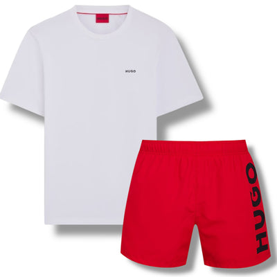 HUGO SMALL LOGO T-SHIRT & VERTI SWIM SHORTS SET WHITE & RED