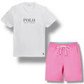 RALPH LAUREN POLO BIG LOGO T-SHIRT & SWIM SHORTS SET WHITE & BRIGHT PINK