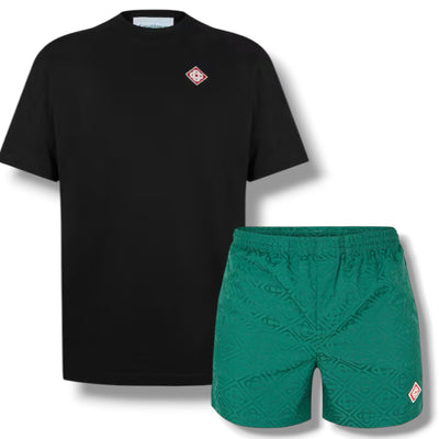 CASABLANCA DIAMOND T-SHIRT & SWIM SHORTS SET BLACK & GREEN