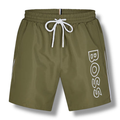 HUGO BOSS CLASSIC LOGO T-SHIRT & SWIM SHORTS SET WHITE & KHAKI GREEN