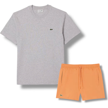 LACOSTE SMALL LOGO T-SHIRT & SWIM SHORTS SET GREY & ORANGE