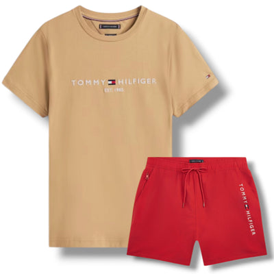 TOMMY HILFIGER LOGO T-SHIRT & SWIM SHORTS SET CAMEL BEIGE & RED