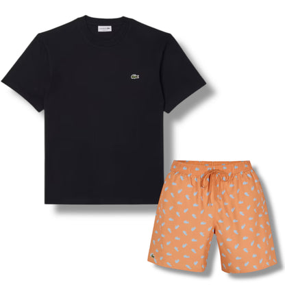 LACOSTE SMALL LOGO T-SHIRT & ALL OVER LOGO SWIM SHORTS SET BLACK & ORANGE