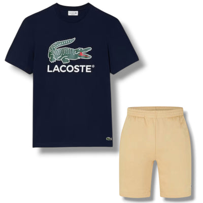 LACOSTE LARGE LOGO T-SHIRT & JERSEY SHORTS SET NAVY & BEIGE