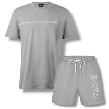 HUGO BOSS STORM T-SHIRT & SWIM SHORTS SET GREY