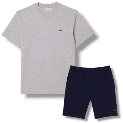 LACOSTE SMALL LOGO T-SHIRT & JERSEY SHORTS SET GREY & NAVY BLUE