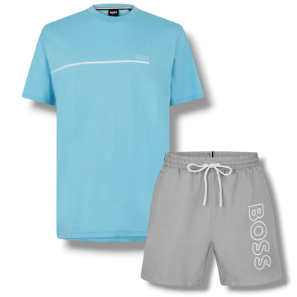 HUGO BOSS STORM T-SHIRT & SWIM SHORTS SET AQUA BLUE & GREY