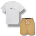 RALPH LAUREN POLO BIG LOGO T-SHIRT & SWIM SHORTS SET WHITE & TAN BEIGE