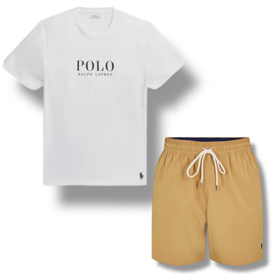 RALPH LAUREN POLO BIG LOGO T-SHIRT & SWIM SHORTS SET WHITE & TAN BEIGE