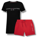 TOMMY HILFIGER LOGO T-SHIRT & SWIM SHORTS SET BLACK & RED