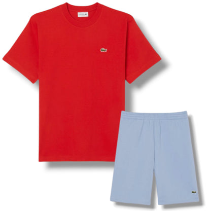 LACOSTE SMALL LOGO T-SHIRT & JERSEY SHORTS SET RED & LIGHT BLUE