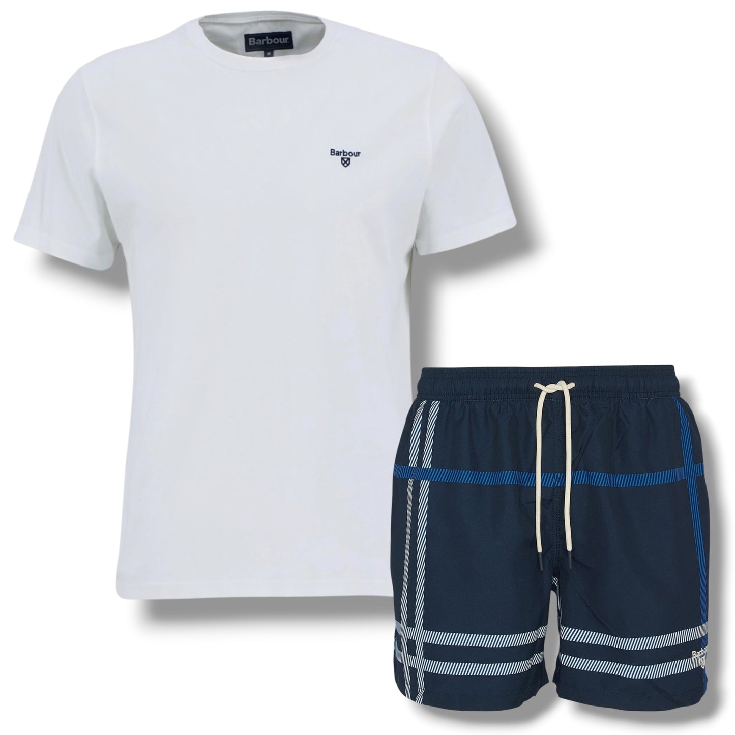 BARBOUR SMALL LOGO T-SHIRT & CHECK SWIM SHORTS SET WHITE & NAVY BLUE