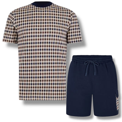AQUASCUTUM CHECK ALL OVER T-SHIRT & SIDE POCKET SWIM SHORTS SET BEIGE - NAVY
