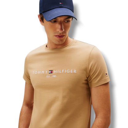 TOMMY HILFIGER LOGO T-SHIRT & SWIM SHORTS SET CAMEL BEIGE & NAVY BLUE