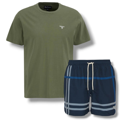 BARBOUR SMALL LOGO T-SHIRT & CHECK SWIM SHORTS SET OLIVE GREEN & NAVY BLUE