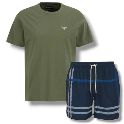 BARBOUR SMALL LOGO T-SHIRT & CHECK SWIM SHORTS SET OLIVE GREEN & NAVY BLUE