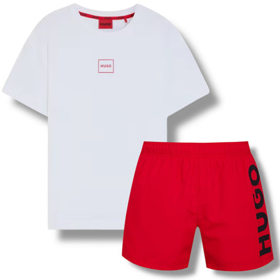 HUGO SMALL BOX LOGO T-SHIRT & VERTI SWIM SHORTS SET WHITE & RED