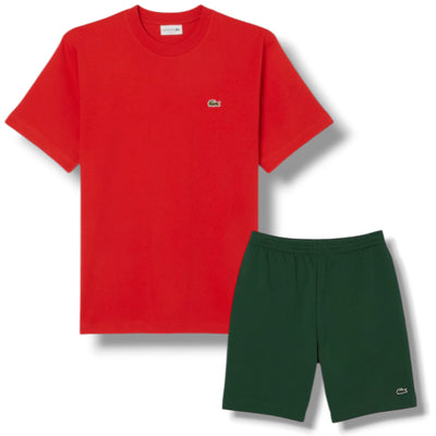 LACOSTE SMALL LOGO T-SHIRT & JERSEY SHORTS SET RED & GREEN