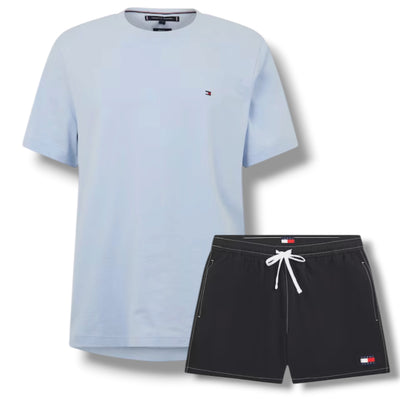 TOMMY HILFIGER SMALL LOGO T-SHIRT & SWIM SHORTS SET BREEZY BLUE & BLACK