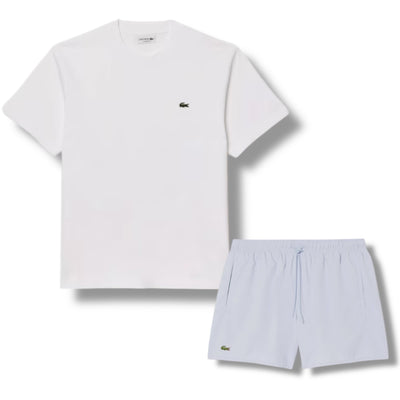 LACOSTE SMALL LOGO T-SHIRT & SWIM SHORTS SET WHITE & LIGHT BLUE