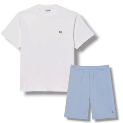 LACOSTE SMALL LOGO T-SHIRT & JERSEY SHORTS SET WHITE & LIGHT BLUE