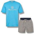 AQUASCUTUM BIG LOGO T-SHIRT & CHECK SWIM SHORTS SET AVIO BLUE - BEIGE