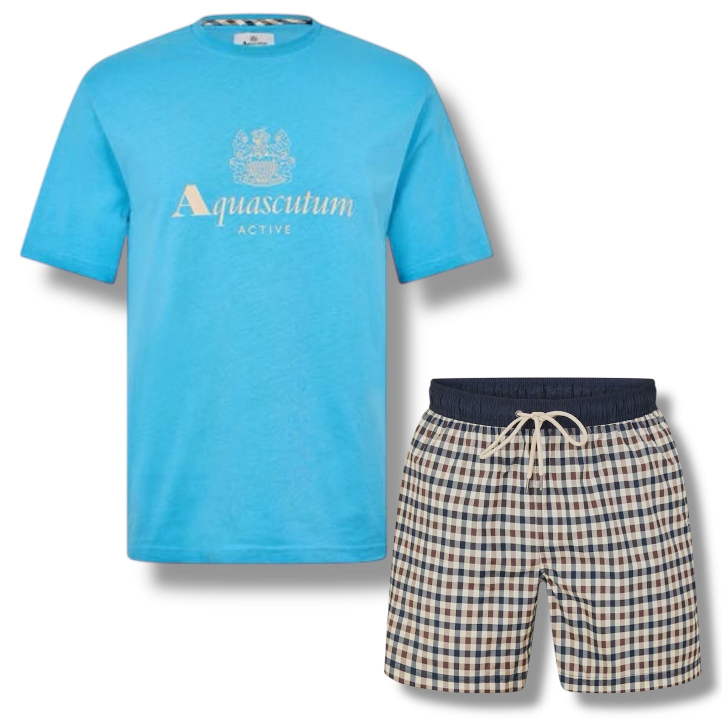 AQUASCUTUM BIG LOGO T-SHIRT & CHECK SWIM SHORTS SET AVIO BLUE - BEIGE