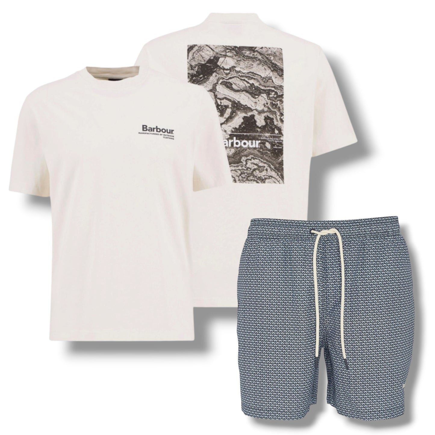 BARBOUR MAP BACK LOGO T-SHIRT & SHELL SWIM SHORTS BEIGE & NAVY BLUE