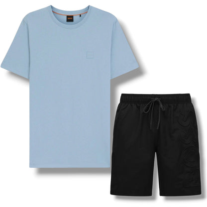 HUGO BOSS PATCH T-SHIRT & VERTI LOGO SWIM SHORTS SET LIGHT BLUE & BLACK