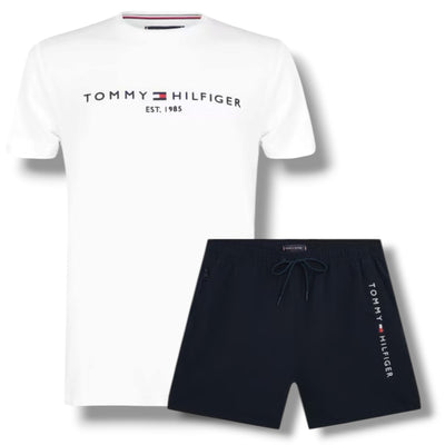 TOMMY HILFIGER LOGO T-SHIRT & SWIM SHORTS SET WHITE & NAVY BLUE