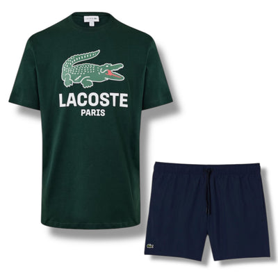 LACOSTE LARGE LOGO T-SHIRT & SWIM SHORTS SET GREEN & NAVY