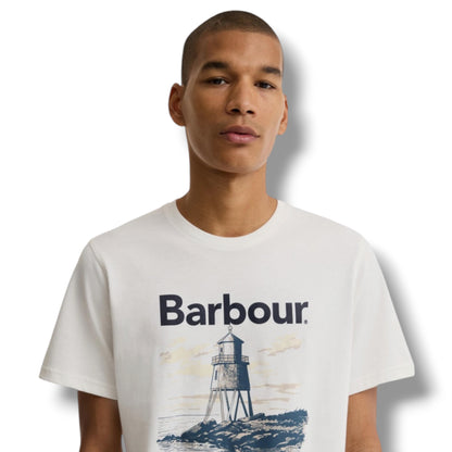 BARBOUR LIGHTHOUSE LOGO T-SHIRT & CHECK SWIM SHORTS SET WHITE & BEIGE