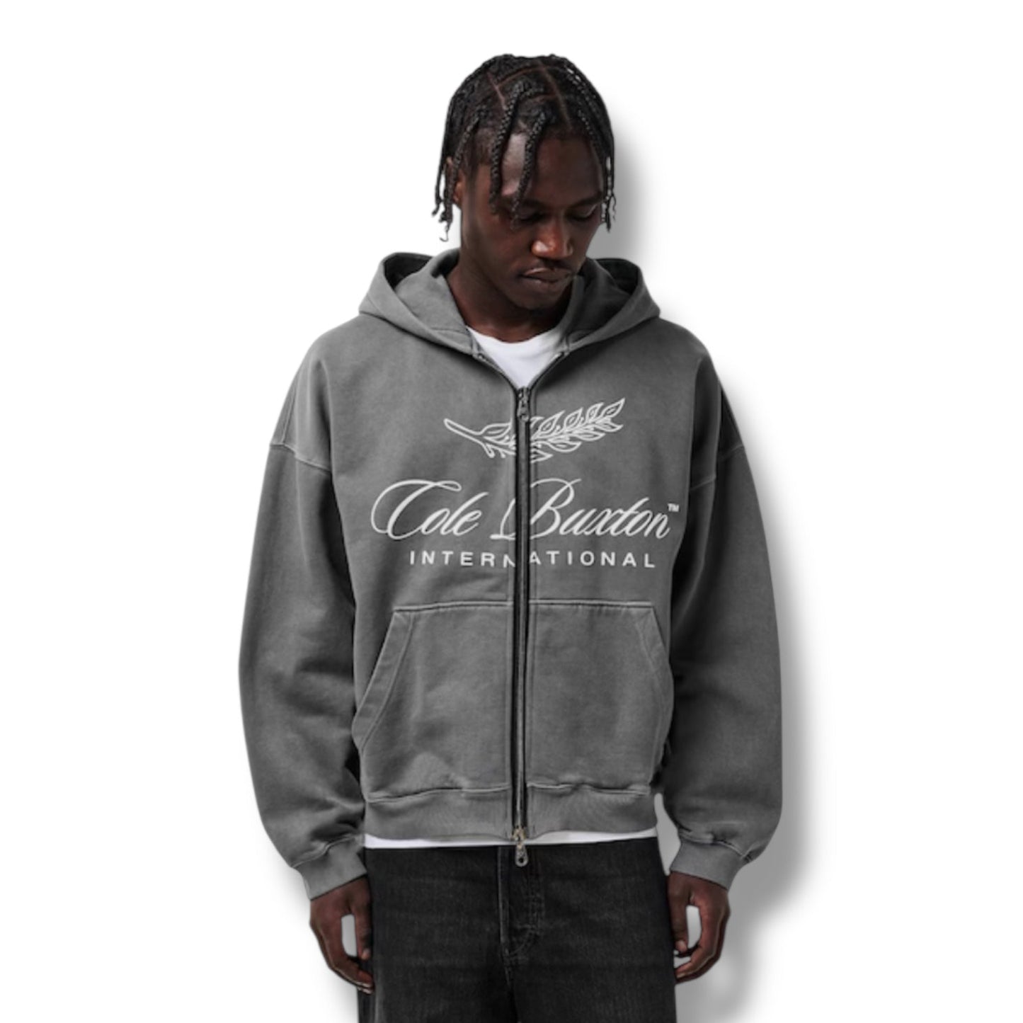 COLE BUXTON INTER FRONT LOGO ZIP UP HOODIE WASHED BLACK