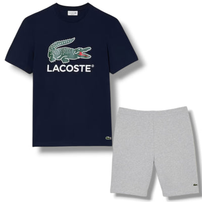 LACOSTE LARGE LOGO T-SHIRT & JERSEY SHORTS SET NAVY & GREY