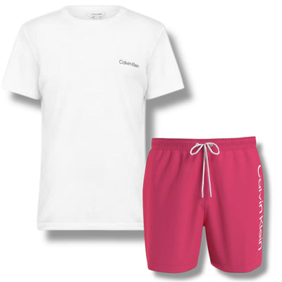 CALVIN KLEIN T-SHIRT & SWIM SHORTS SET WHITE & PINK