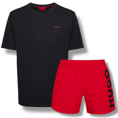 HUGO SMALL LOGO T-SHIRT & VERTI SWIM SHORTS SET BLACK & RED