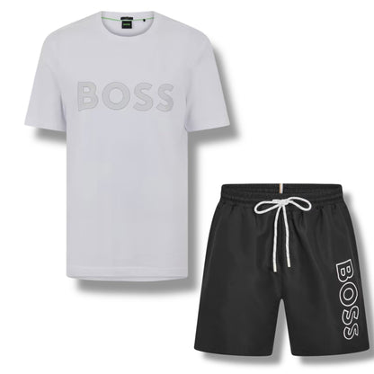 HUGO BOSS CLASSIC LOGO T-SHIRT & SWIM SHORTS SET WHITE & BLACK