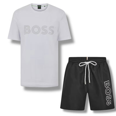 HUGO BOSS CLASSIC LOGO T-SHIRT & SWIM SHORTS SET WHITE & BLACK