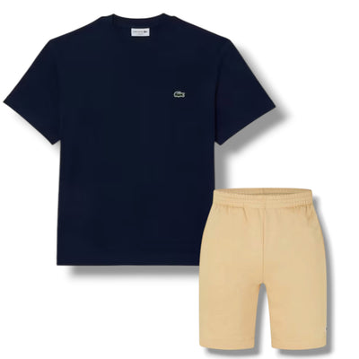 LACOSTE SMALL LOGO T-SHIRT & JERSEY SHORTS SET NAVY BLUE & BEIGE