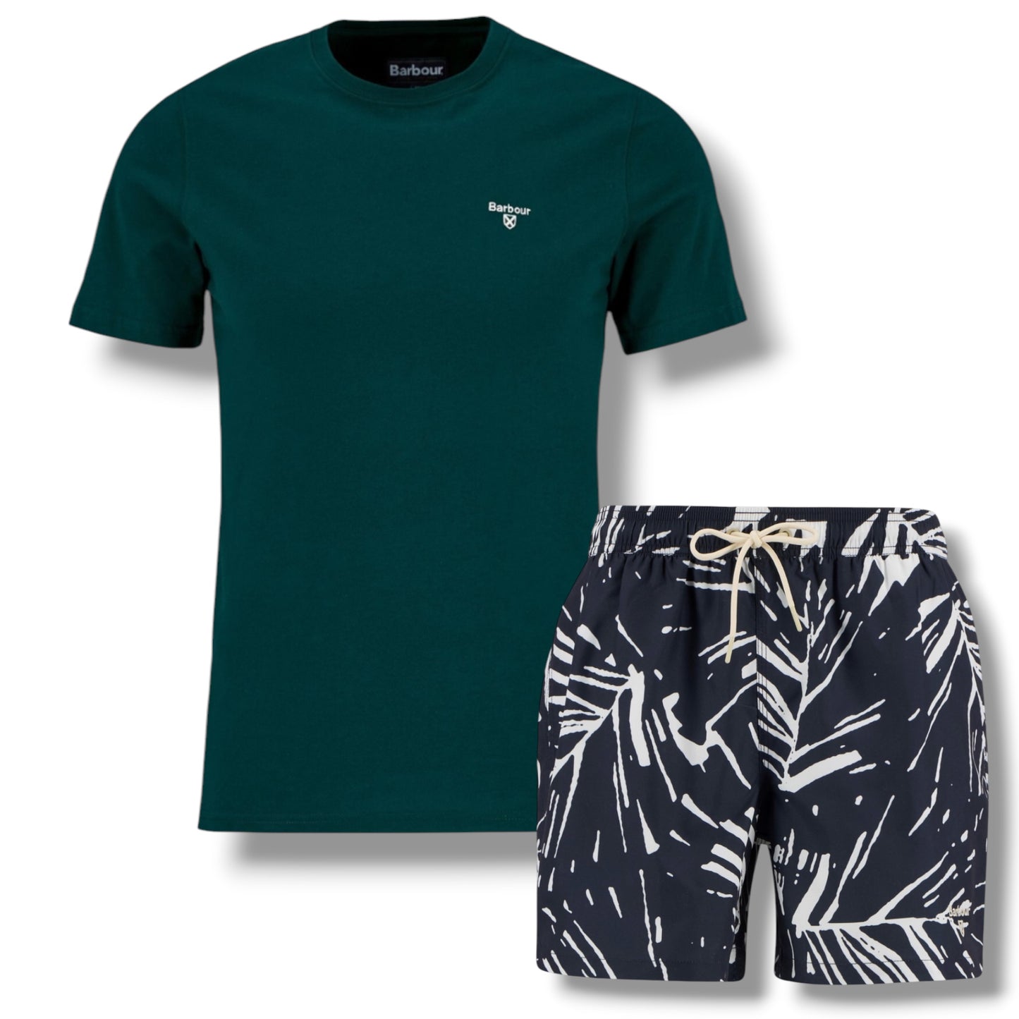 BARBOUR SMALL LOGO T-SHIRT & FLORAL SWIM SHORTS SET BOTTLE GREEN  & NAVY BLUE
