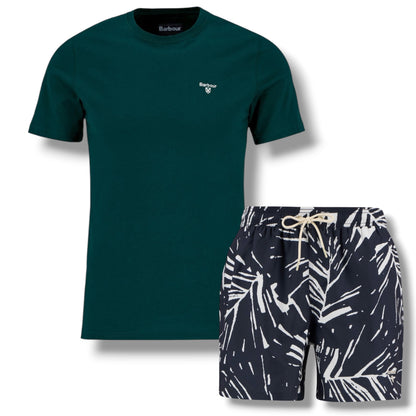 BARBOUR SMALL LOGO T-SHIRT & FLORAL SWIM SHORTS SET BOTTLE GREEN  & NAVY BLUE